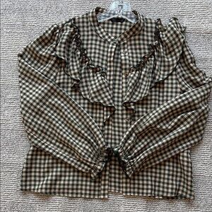 Zara Green and Cream Gingham Ruffle Blouse